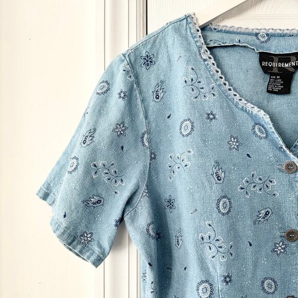 Requirements Vintage Y2K Denim Paisley Eyelet Lace Trim Bustier Button Top M - Picture 2 of 9